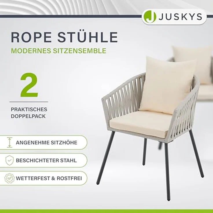 Juskys Rope Stühle 2er Set - Gartenstühle mit Seilgeflecht & Polster – wetterfester & bis 160 kg belastbar - Stahl mit Pulverbeschichtung - Hellgrau – Bild 4