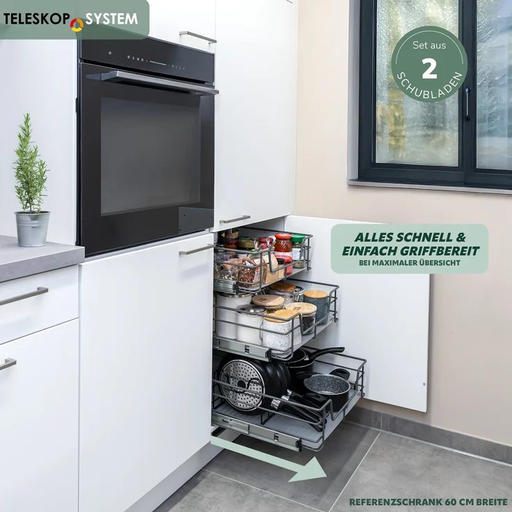 Teleskopschubladen 2er Set - für 40 cm Schrank mit Einlegeboden, aus Metall, (Grau) – Bild 2