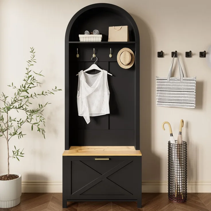 Multifunktionaler Garderobenschrank mit Schuhregal, Ablage & Haken – Hall Tree für Eingangsbereich, langlebiger MDF Korpus, modernes Design, stabile Eisenfüße, praktische Aufbewahrung--Schwarz, Holz--75x35x195cm--YOUDENOVA