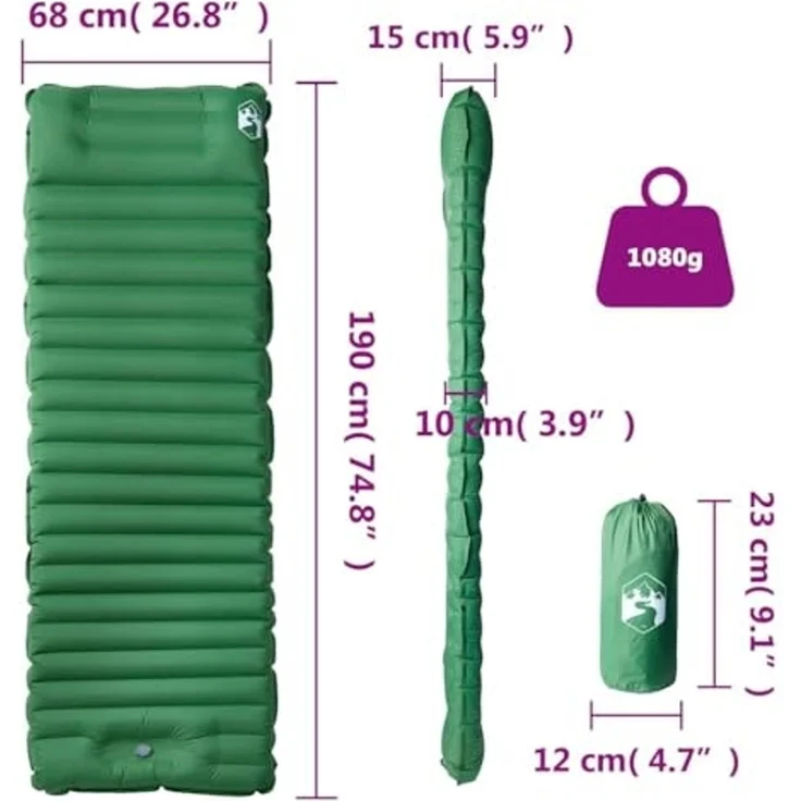 vidaXL Selbstaufblasende Isomatte mit Kissen Grün 4007121 – Bild 2