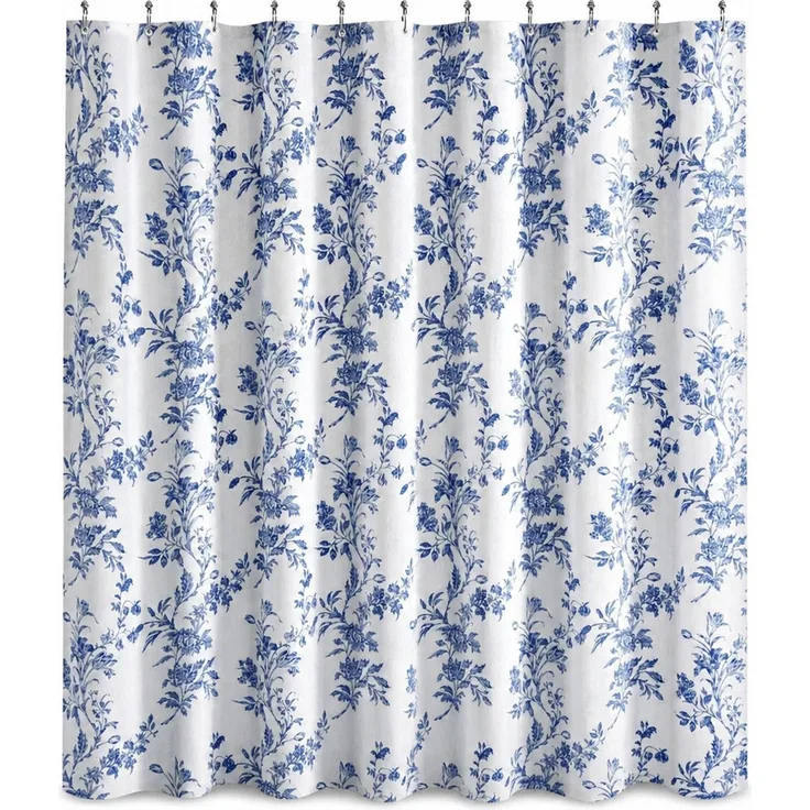 Wasserdichter Duschvorhang mit Blumenmuster Blau-Weiß, 180x200 cm
