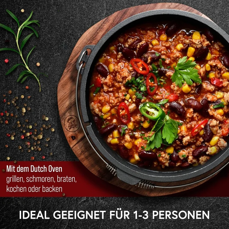 Dutch Oven Set 4,5 L mit Füßen – Eingebrannter Feuertopf aus Gusseisen mit Deckelheber Spiralgriff & Rezeptbuch – Bild 7