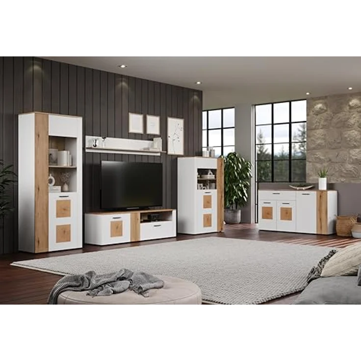 Calicosy Sideboard, Weiß, Holzwerkstoff, 150x83x42 cm, mit 4 Türen und 1 Schubkasten, modern mit Coast Evoke Oak Akzenten – Bild 6