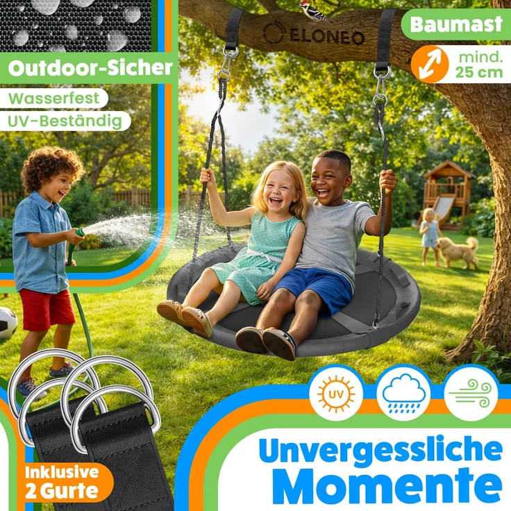 ELONEO Nestschaukel Outdoor & Indoor mit 90 oder 120 cm Durchmesser, Tellerschaukel, höhenverstellbare Hängeschaukel inkl. Kissen, Griffen und Zubehör-Set, Schwarz - 90cm – Bild 3