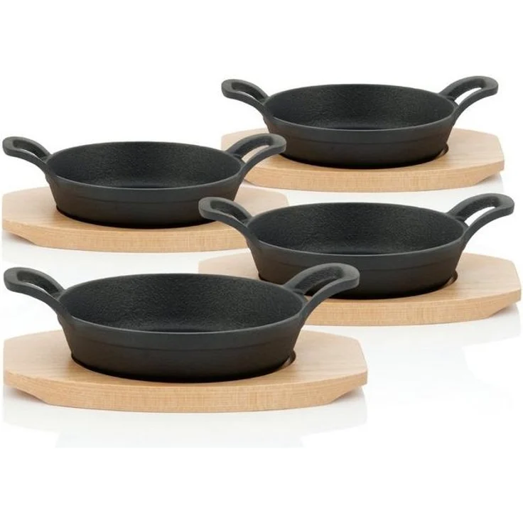 BBQ-Toro Servierpfanne Servierpfännchen mit Holzunterlage (4 Stück), Ø 16, Gusseisen – Bild 4