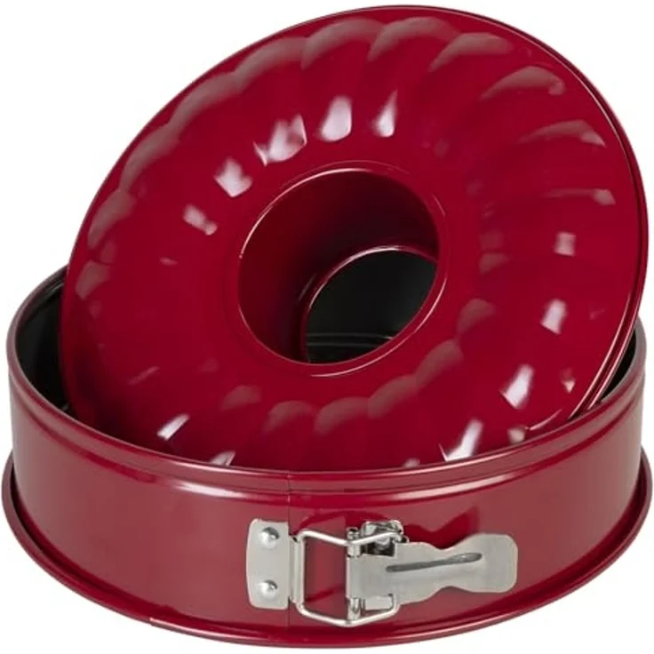 wenco Springform 26 cm, Kuchenform mit Flach- und Rohrboden, 2 Böden, runde Backform, auslaufsicher, antihaftbeschichtet, rot – Bild 1