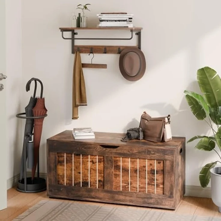 Mondeer Schuhbank, Sitzbank mit Stauraum, Truhenbank mit 4 Rollen und 2 Sicherheitsscharnieren, für Flur Schlafzimmer Wohnzimmer, 40 x 100 x 49 cm, Vintagebraun – Bild 7