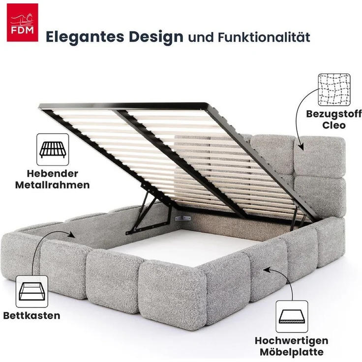 FDM Polsterbett CLOUDY Bettgestell Bett 140x200, 160x200, 180x200 cm Bestseller (verfügbar 140x200 160x200 180x200 cm, Bettrahmen, Bett, mit großen gepolsterten Kopfteil, mit Bettkasten zum aufklappen), Hebbarer Metallrahmen, Bettkasten, ohne Matratze – Bild 2
