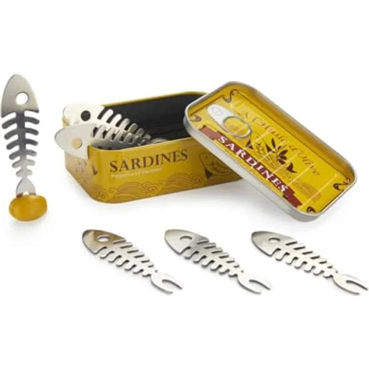 Balvi Brotzeitgabel Sardines Set - 6er Set Aperitiv-Gabeln Sardinen - Metall Piekser (6 Stück), Cocktailspieße, Cocktail-Gabeln in Sardinendose - Snackgabel Sardine – Bild 2