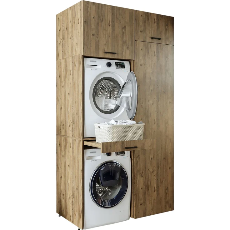 Roomart Waschmaschinenschrank & Trocknerschrank – SERIE DUO-I- 127 cm breit - Trockner auf Waschmaschine – Waschturm / Überbauschrank für Waschküche & Hauswirtschaftsraum • Eiche – Bild 9