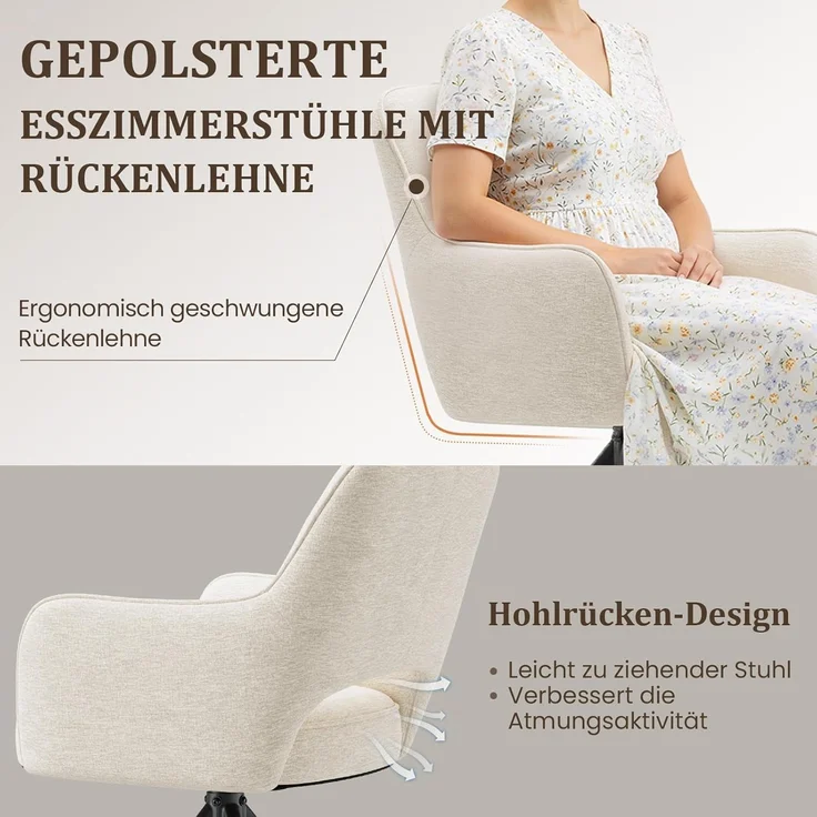 COLAMY Drehbare Esszimmerstühle 6er Set mit Armlehnen, Drehbare Polsterstühle für Küche & Esszimmer aus weichem Florstoff mit Metallgestell und Rückenlehne, für Esszimmer, Küche, Büro,Beige – Bild 4
