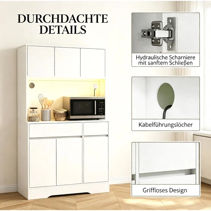 Küchenbuffet 100x38x180 cm mit Arbeitsfläche, Stauraum und RGB-LED-Beleuchtung – weiß – Bild 5