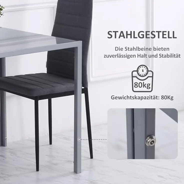 HOMCOM Esstisch Esszimmertisch für 4 Personen (Glastisch, 1-St, Küchentisch), für Küche, Esszimmer, Grau, 75 x 75 x 75 cm – Bild 6