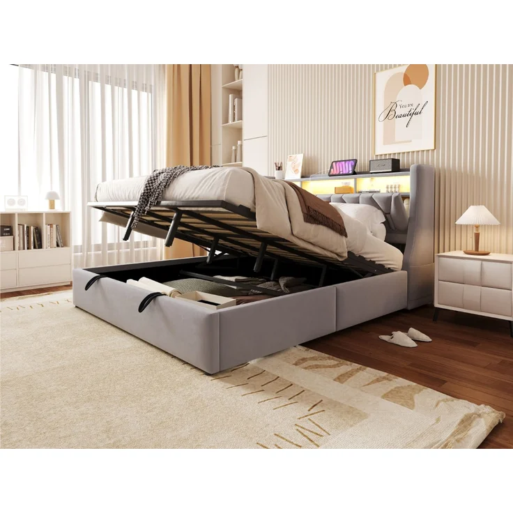 U-life Polsterbett 180x200 cm, fürs Schlafzimmer, hydraulischer Stauraum, klappbar, Steckdose und Ablagefach, LED-Beleuchtung, Sperrholz, Hellgrau – Bild 7