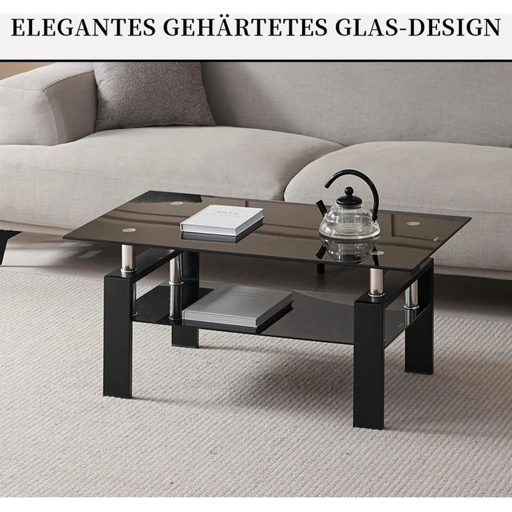 SeedWave Couchtisch Moderner Sofatisch bis 68kg, mit 100cm Glastischplatte, Metallbeinen, 2 Ebene Wohnzimmertisch mit Ablage – Bild 3
