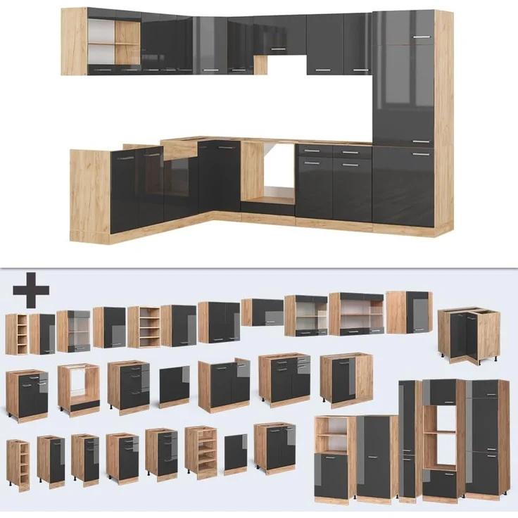 Eckküche R-Line Anthrazit Hochglanz/Goldkraft Eiche 287 x 227 cm ohne Arbeitsplatte Vicco – Bild 5