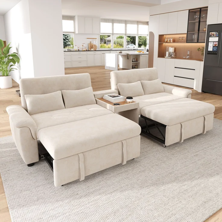 ZUBALIYA Schlafsofa 102x54.5 cm, mit Stauraum, mit Ausziehbett, mit Chenille - Bezug, mit breiten Armlehnen, Beige – Bild 1