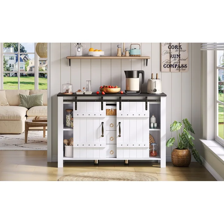 Buffet-Anrichte 120x40x80 cm mit Schiebetüren, 3 Schubladen und rustikalem Design in Weiß