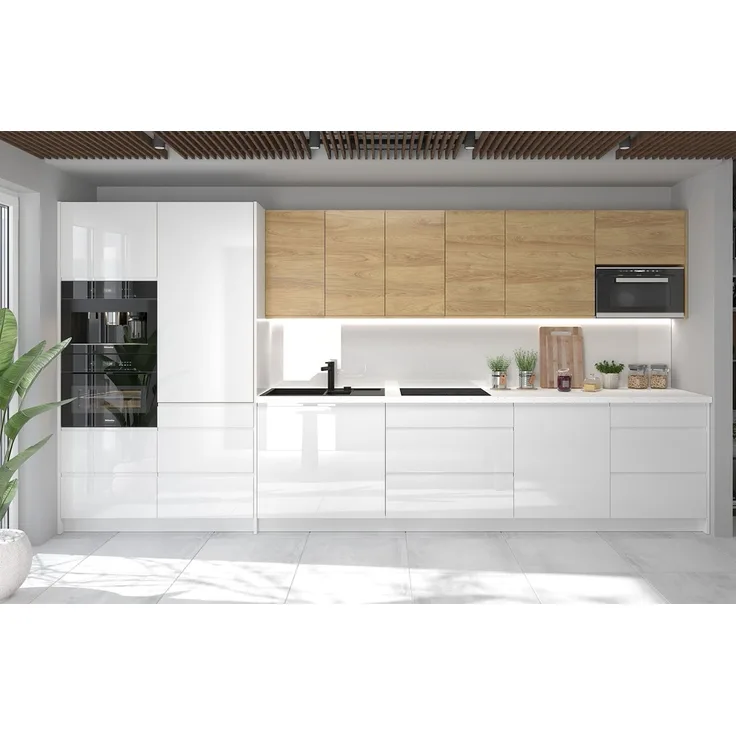 Küchenzeile Avellino mit Arbeitsplatte 406cm REJS Vollauszug weiß Front Hickory Natur weiß Hochglanz