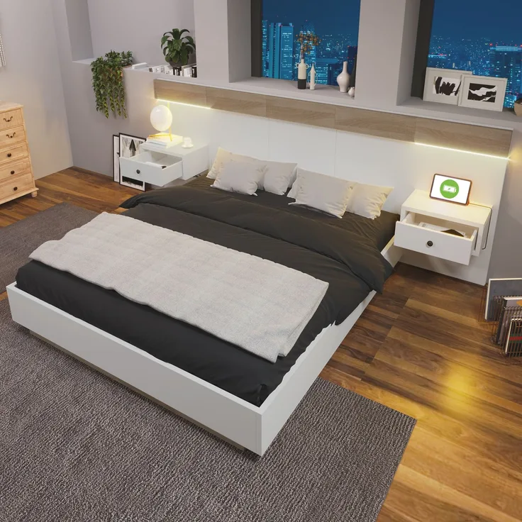 EINHOM Doppelbett Bettanlage mit 2 LED Nachtkommoden & USB C Steckdose 180 x 200 cm Holzbett Inkl 2 Nachttischen Schlafzimmer Komplett--205 x 284 cm × 90,5 cm (t/B/H) Set in Eiche Sonoma/Weiß, (Ohne Matratze)