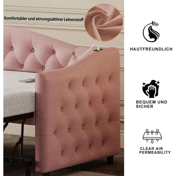 Polsterbett Ausziehbares Schlafsofa, 90*200 cm, Mit USB-Anschluss, Klassische Form mit Knöpfen mit Lattenrost, Multifunktionsbett - Gästebett, Leinenstoff, Grau (Matratze nicht enthalten) – Bild 5