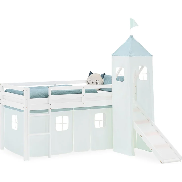 Hochbett Kinder 90x200 cm mit Rutsche Kinderbett Kinderhochbett Stockbett Vorhang Turm Grün Mintgrün – Bild 1