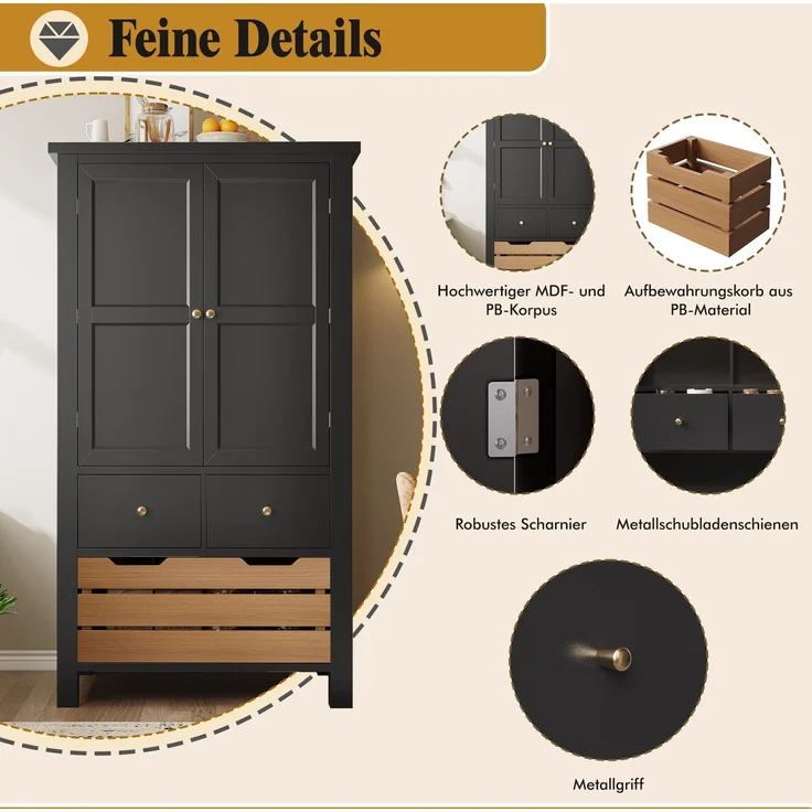 Küchenschrank (80x40x140cm), hohes Küchenbuffet, Mehrzweckbuffet, Snackschrank, Aufbewahrungsmöbel mit zwei Türen und fünf Schubladen, schwarz/weiß--Schwarz--80x40x140cm--YOUDENOVA – Bild 7