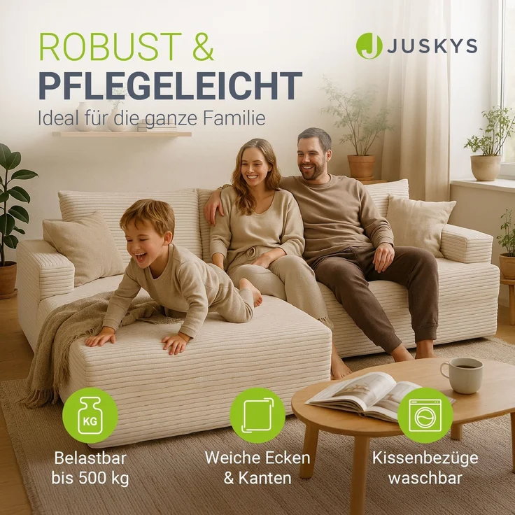 Juskys Sofa Coredo - modernes Cord Sofa mit Ottomane links, gemütliche Couch mit Schaumstoffpolsterung, Cordbezug & Kissen, modular - Beige – Bild 6