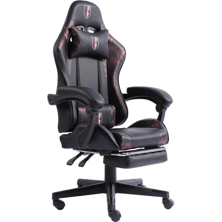 Gaming Chair im Racing-Design mit flexiblen gepolsterten Armlehnen - ergonomischer PC Gaming Stuhl in Lederoptik - Gaming Schreibtischstuhl mit ausziehbarer Fußstütze und extra Stützkissen Schwarz/Military -Rosa