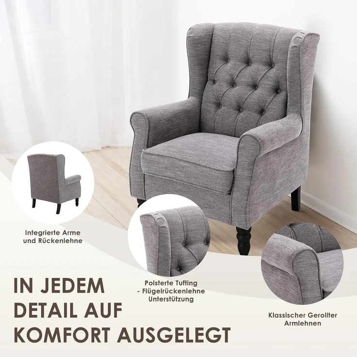 COLAMY Mid-Century Modern Sessel Wohnzimmer, Gepolsterter Wingback-Sessel mit Knopfsteppung, loungesessel Bezug aus Gewebe mit Massivholzbeinen für Wohnzimmer, Büro, Café - Dunkelgrau – Bild 4