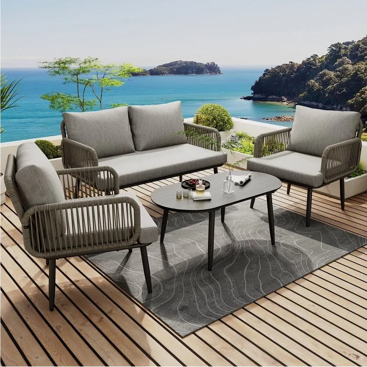 Merax Gartenlounge-Set aus verzinktem Stahl und handgeflochtenem Seil, (Glas-Tischplatte in Holzoptik, 4-tlg, Gartengarnitur Balkonmöbel), 4-Sitzer Sitzgruppe Gartenmöbel-Set mit Sofa, 2 Sessel & Couchtisch