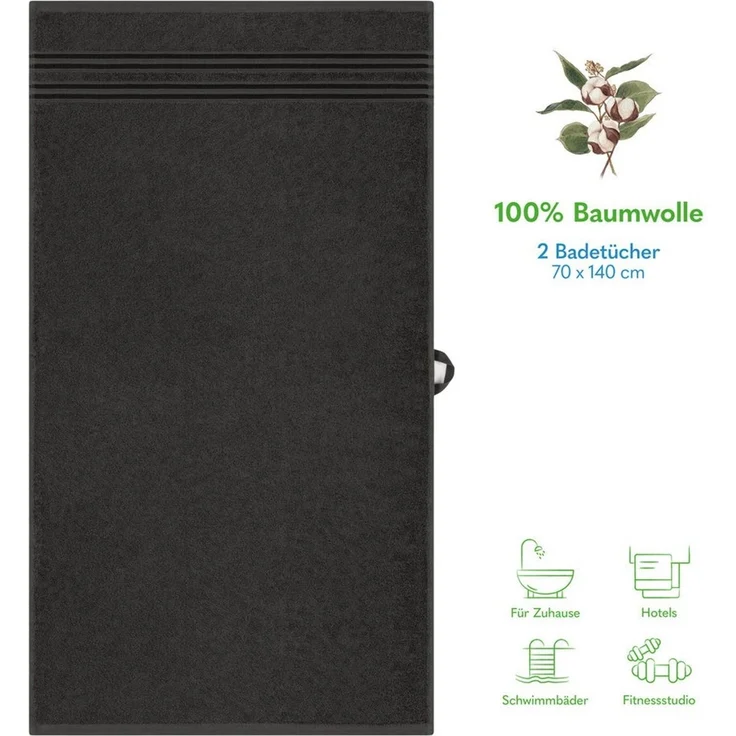 HAMMETEX Duschtuch 2er Set Badetücher 70x140 cm, 100% Baumwolle, Weich & Saugstark, Frottier (Set, 2-St), mit Bordüre, einfarbig, weich – Bild 2