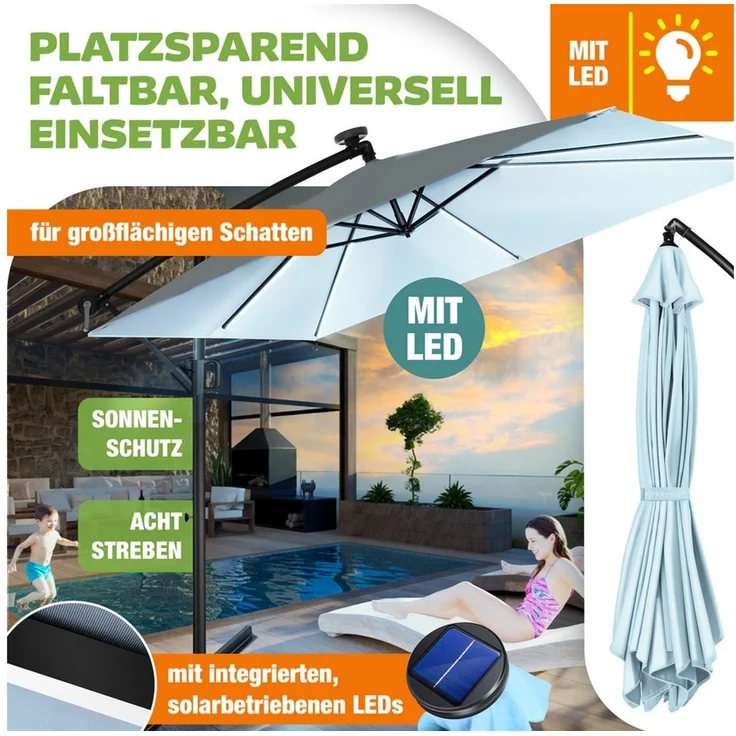 KESSER® 'Holly' Ampelschirm mit LED Solar und Ständer, inkl. Abdeckung und Windsicherung mit Kurbel, Aluminium hellblau, Ø 350 cm – Bild 4