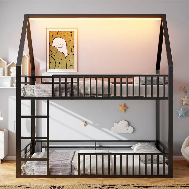 U-life Haus-Etagenbett 140x200 cm mit Sicherheitszaun, LED-Beleuchtung und 2 Lattenrosten, Schwarz – Bild 4