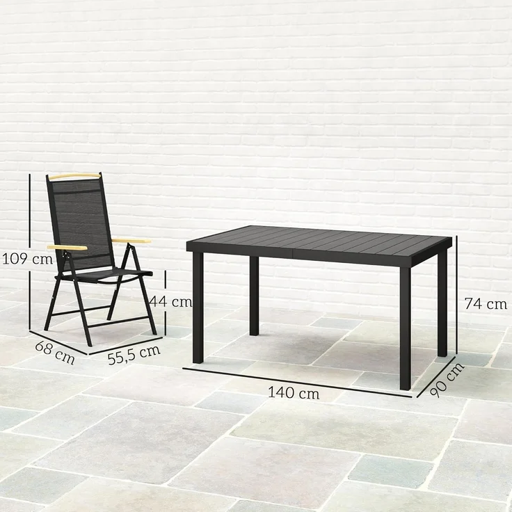 Outsunny Garten-Essgruppe Sitzgruppe klappbar 7tlg. 1 Tisch+6 Stühle Gartenmöbel Set, (Balkonmöbel, 7-tlg, Balkonset), Schwarz 140L x 90B x 74H cm – Bild 7