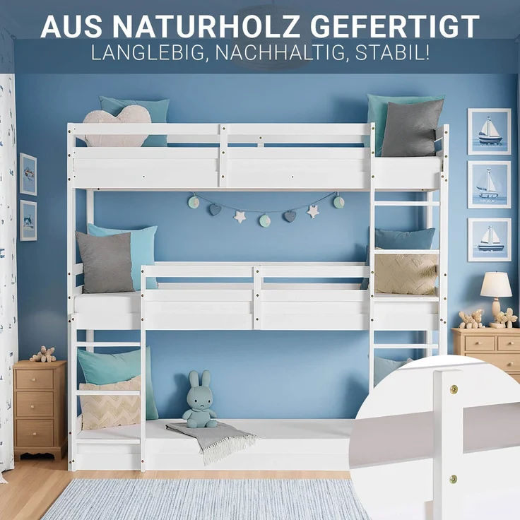 Homestyle4u Etagenbett mit 3 Liegeflächen, Kiefernholz weiß, 90x200 cm – Bild 10