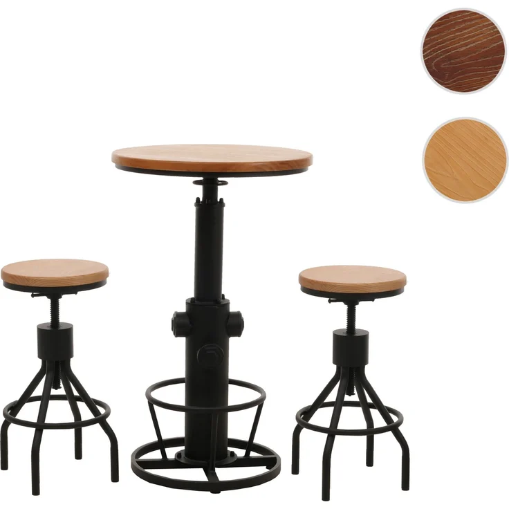 Set Bartisch + 2x Barhocker HWC-N17, Barstuhl Stehtisch höhenverstellbar drehbar Fußablage Industrial Holz ~ natur – Bild 10