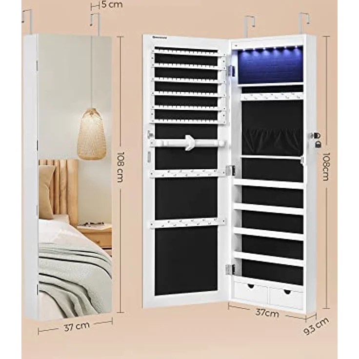 SONGMICS Schmuckschrank hängend, Spiegelschrank mit LED-Innenbeleuchtung, an der Tür hängend, MDF weiß, 37 x 9,3 x 108 cm – Bild 6