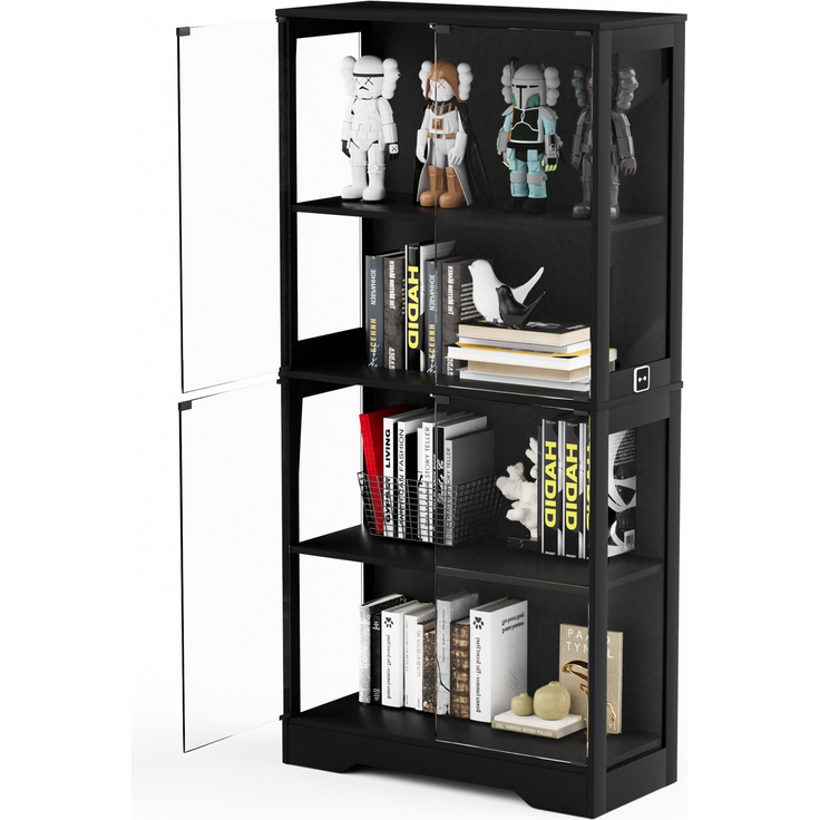 Vierstöckige Glasvitrine mit Stauraum, LED-Beleuchtung, Glastüren und intelligenten Sensoren, Als Glasvitrine für Wohnzimmer, Schlafzimmer und Büros geeignet, Schwarz--Schwarz--80x35x165cm--YOUDENOVA – Bild 8