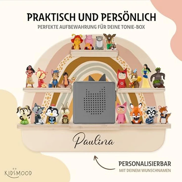 KIDSMOOD - Personalisiertes Tonie Regal für Kinderzimmer | Regenbogen Wand-Regal mit genügend Platz für Tonie-Hör-Figuren, Aussparung für Tonie-Musikbox & Kabelmanagement, Tonie Regal Mädchen & Jungen – Bild 5
