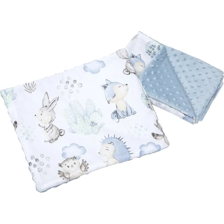 Medi Partners Babydecke Krabbeldecke mit Kissen 100% Baumwolle Minky Kinderdecke 55x75 + 35x30 cm multifunktional für Kinderwagen Babyschale Wiege (Hirsch und Igel mit hellblauem Minky)
