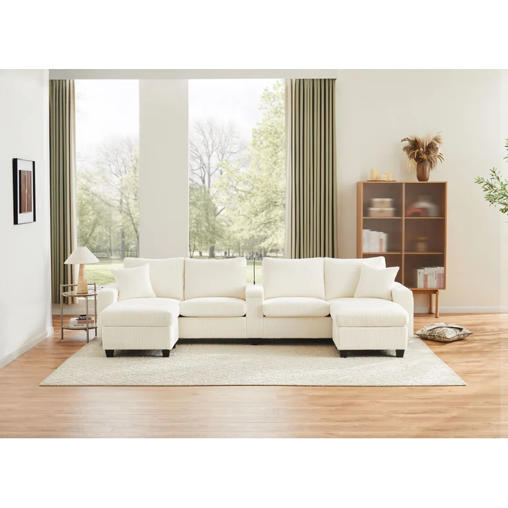 Cord-Sofa mit 2 Stauraumhockern, Leselampe, Klappkonsole, App-LED und USB-C, U-förmige Lounge-Couch mit Getränkehalter, Beige – Bild 26