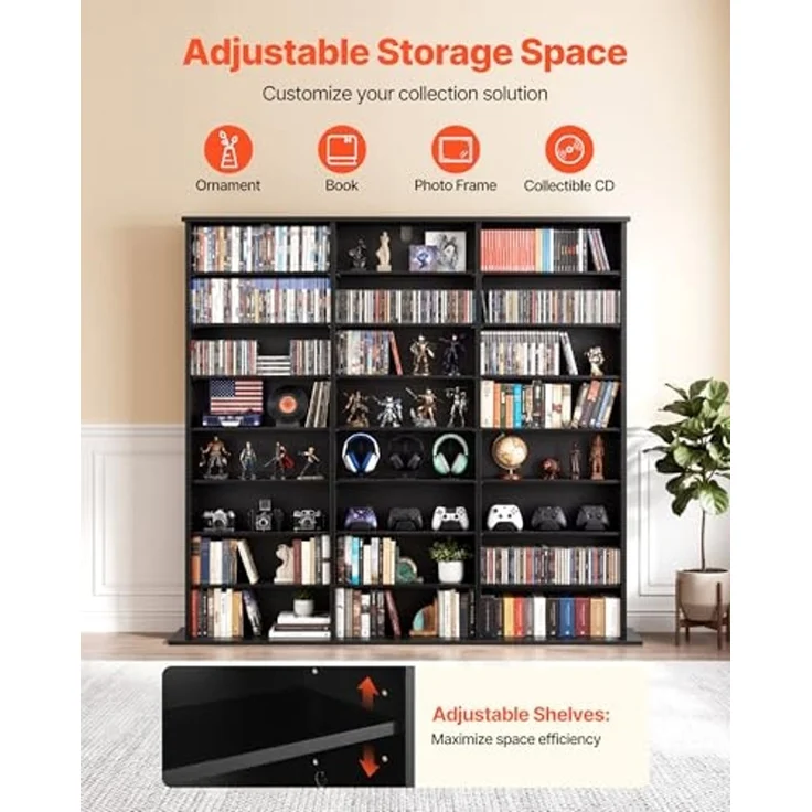 VEVOR DVD-Regal mit 24 Fächern (8 Ebenen), Medienregal Standregal 142 x 22 x 130 cm, Platzsparendes Aufbewahrungsregal für CDs DVDs Bücher Spiele-Discs, Bücherregal für Wohnzimmer/Homeoffice, Schwarz – Bild 4