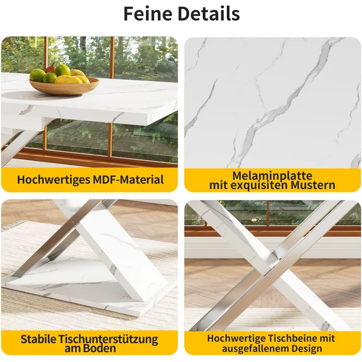 Teleskop-Esstisch 118–157 cm mit Marmormuster MDF-Platte, robustes Kreuzbein-Design, Metall-Teleskopstange, 76.4cmx118-157cmx75cm – Bild 5
