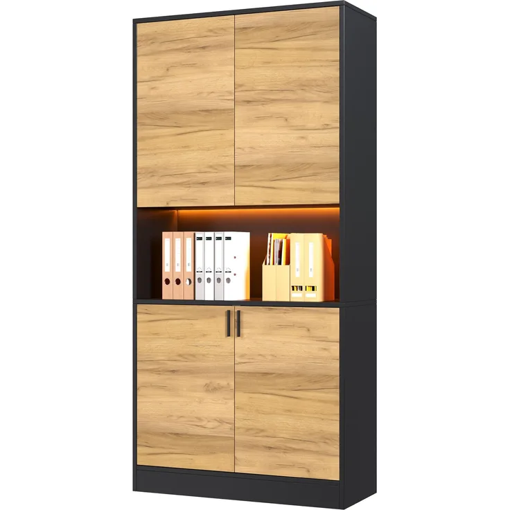 Flieks Aktenschrank 80 x 35 x 180 cm mit LED-Beleuchtung, verstellbaren Einlegeböden und Stauraum, Schwarz-Eiche