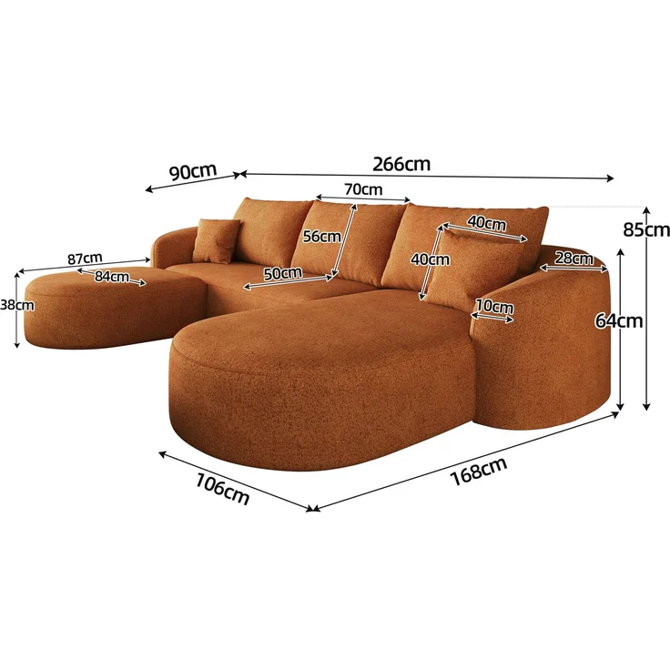 U-förmiges Ecksofa 266x168x85 cm in Orange mit weichem Chenille-Bezug, montagefrei – Bild 5
