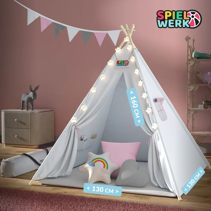 Spielwerk Kindertipi mit Lichterkette, Bodenmatte & Kissen, Baumwolle beige, 120 x 120 x 160 cm – Bild 7