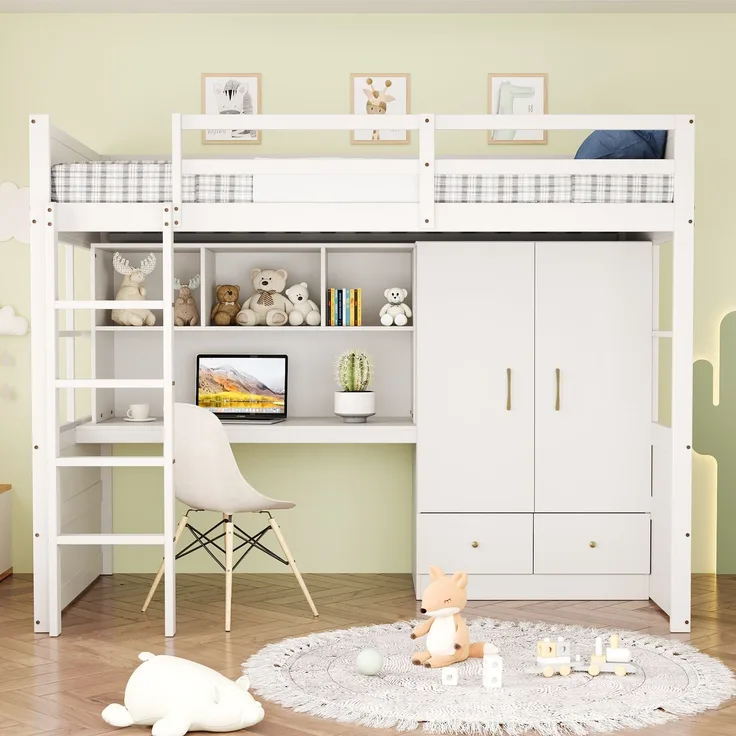 Merax Hochbett 90 x 200 cm, Kinderbett, Jugendbett, Einzelbett, Mit Leiter, Mit Schreibtisch mit Stauraum, Mit Kleiderschrank und Schubladen, Weiß