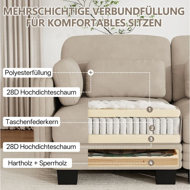 Modulares 3-Sitzer-Sofa 253x88x88 cm in Hellbraun mit Chenillebezug und verschiebbaren Kissen – Bild 7