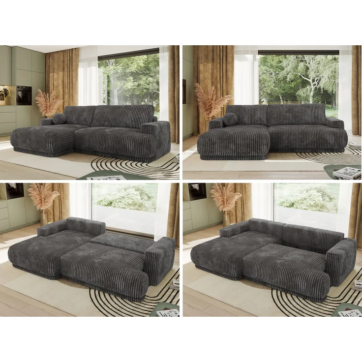 RINA L Design Ecksofa, Schlaffunktion & Stauraum, DL-System, Wellenfedern, Liegefläche 220x155 cm, freistehendes Polstersofa, Schlafcouch - Grau Cord - Links Seite – Bild 2